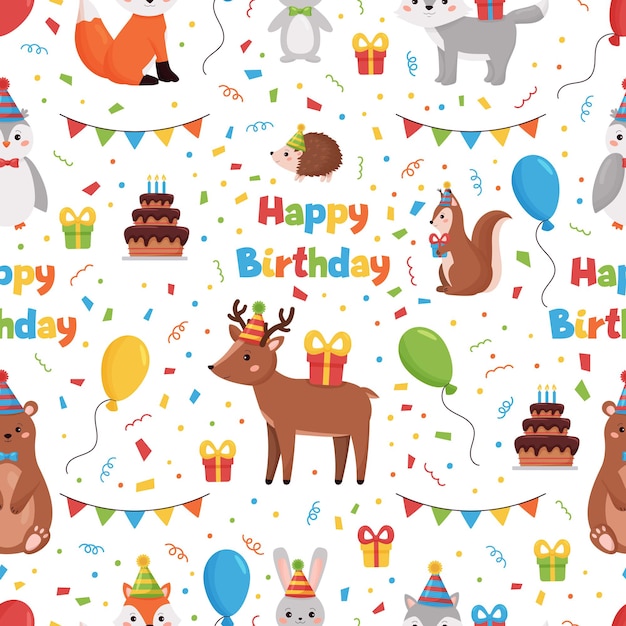 Happy Birthday seamless pattern with forest animals deer, rabbit, bear, owl, fox and wolf.