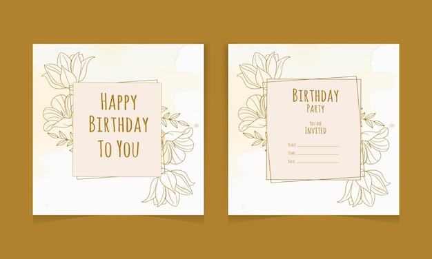 Happy birthday social media post with gold color line art flower with Leaves