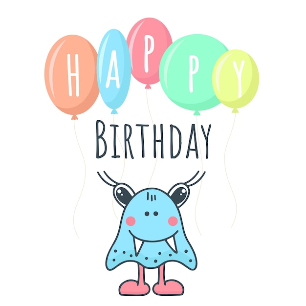 Happy birthday text monster with balloons postcard baby card for congratulations template