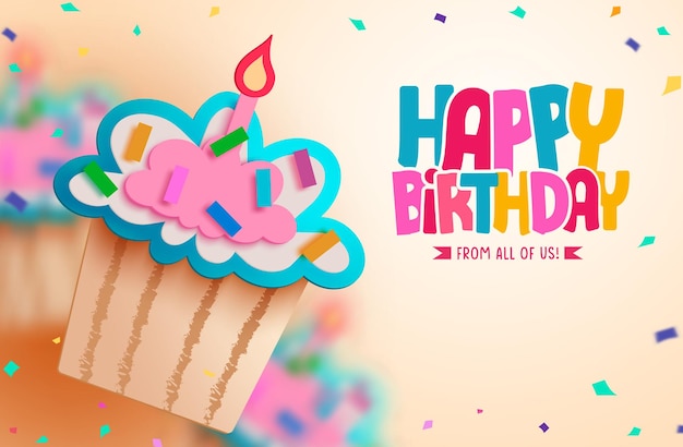 Happy birthday text vector background design. Birthday cupcake in paper cut party decoration element