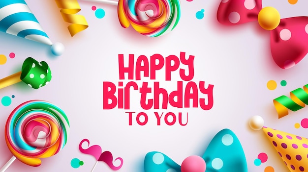 Happy birthday text vector background design. Birthday greeting card with colorful party elements