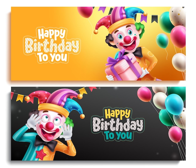 Happy birthday text vector banner set Birthday greeting and invitation card with clown character