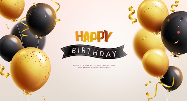 Happy birthday text vector design Birthday greeting with bunch of gold and black balloons Vector