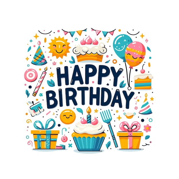 Happy Birthday text vector flat illustration collection on a white background