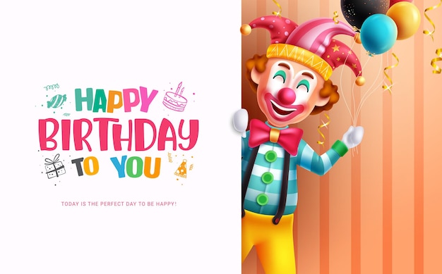 Happy birthday text vector template Birthday greeting card with colorful clown mascot funny