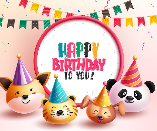 Happy birthday text vector template design Birthday greeting in white space with animals and emoji