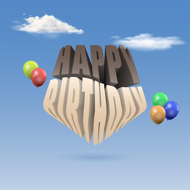 Happy birthday text with pentagon shape. balloon and cloud decoration. 3d levitation illustration