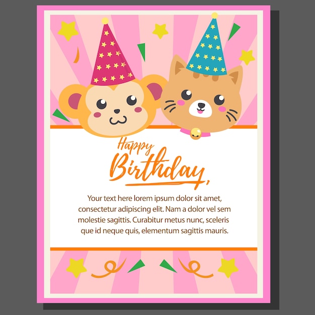 happy birthday theme poster with monkey and cat