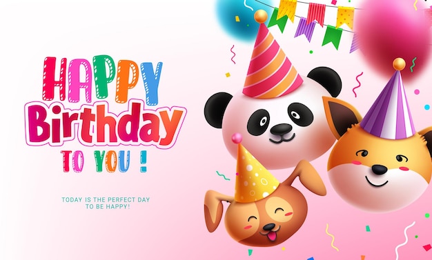 Happy birthday vector background design Birthday greeting text with animal emoji characters