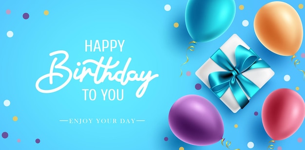 Happy birthday vector background design. Happy birthday text in blue space with balloons and gift.