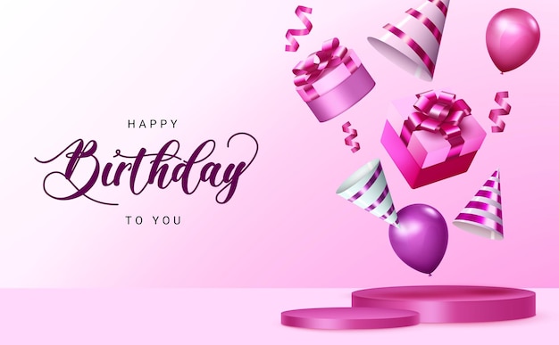 Happy birthday vector banner design. Happy birthday to you text in pink background.