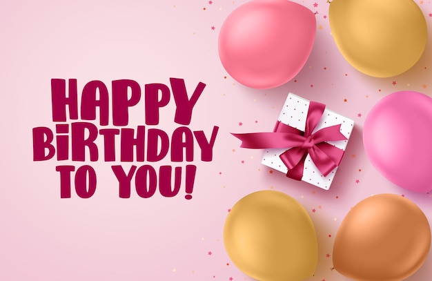 Happy birthday vector banner in pink background Greetings card with colorful balloons confetti