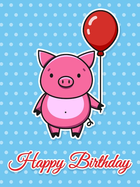 Happy birthday vector children's card Cute pink pig with a red balloon