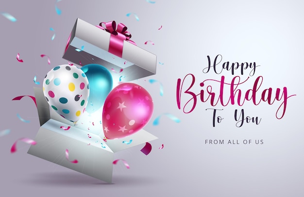 Happy birthday vector design. Happy birthday to you text with surprise element like balloons.