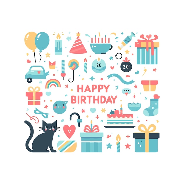 Happy Birthday vector flat illustration collection on a white background