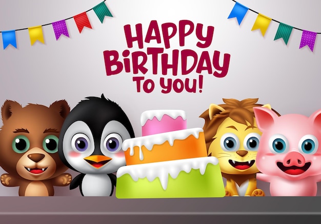 Happy birthday vector kids animal party concept Happy birthday greeting text with cake element