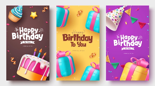 Happy birthday vector poster set design Birthday greeting text with cake gift box party hat