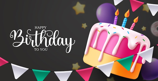 Happy birthday vector template design Birthday greeting text with cake candle balloons