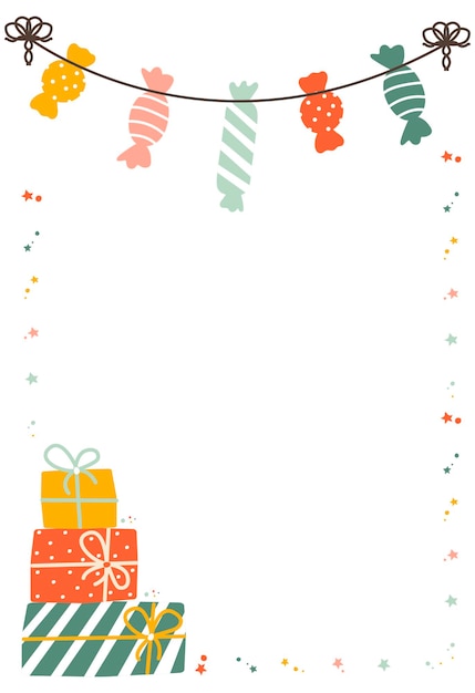 Vector happy birthday vertical frame template with garland and gifts vector illustration in simple hand drawn modern style