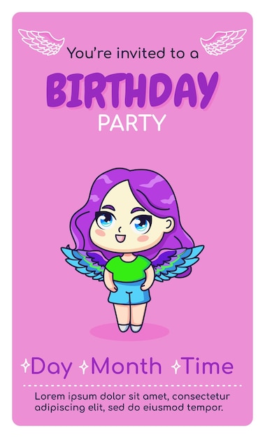 Happy birthday vertical invitation magic card with cartoon kawaii anime girl. Vector illustration.