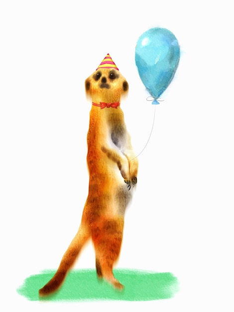 Happy birthday watercolor art of meerkat balloon bow tie concept art