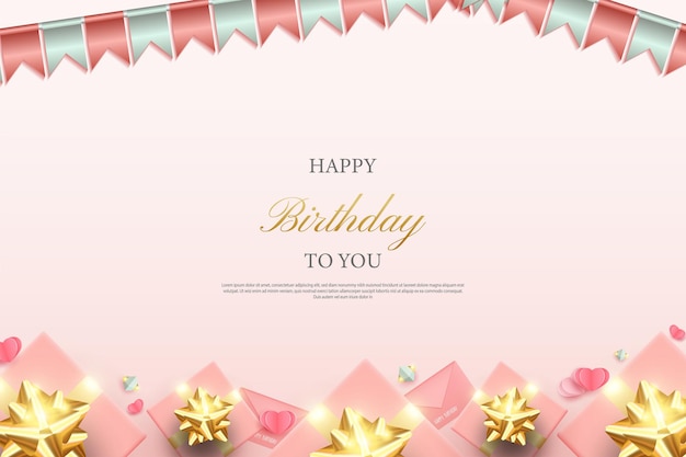 happy birthday with background of several realistic gift boxes under greeting