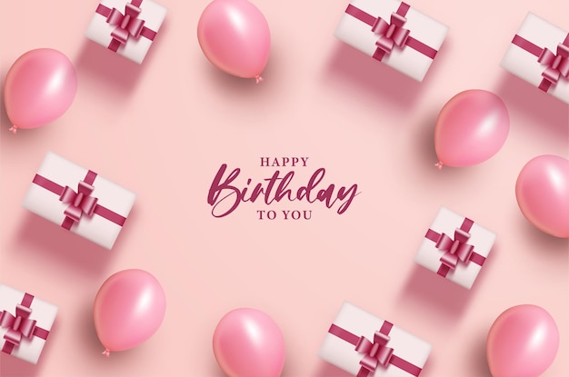 Happy birthday with balloons and gift box on pink background