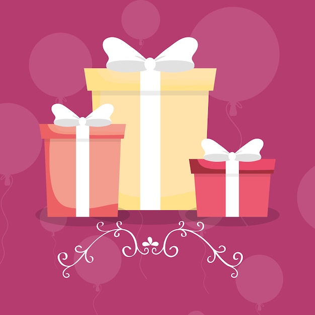 Happy birthday with gift boxes icon over balloons and purple background