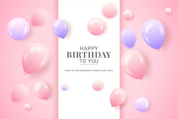 Happy Birthday with pink purple balloons pink background and birthday text