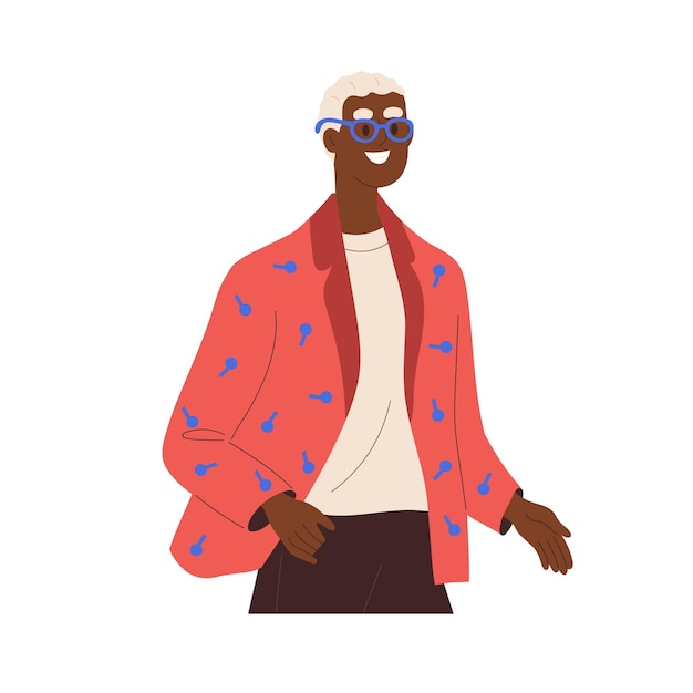 Vector happy black man wearing modern apparel, glasses. smiling stylish person in trendy outfit, clothes. african-american character with blonde hair. flat vector illustration isolated on white background