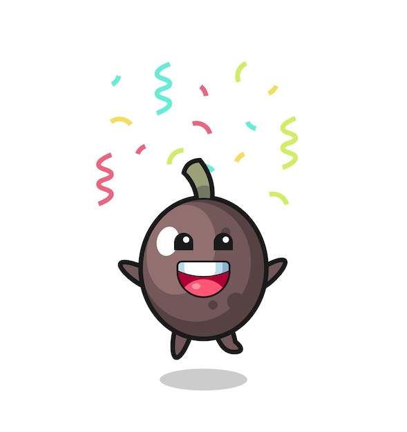 Happy black olive mascot jumping for congratulation with colour confetti