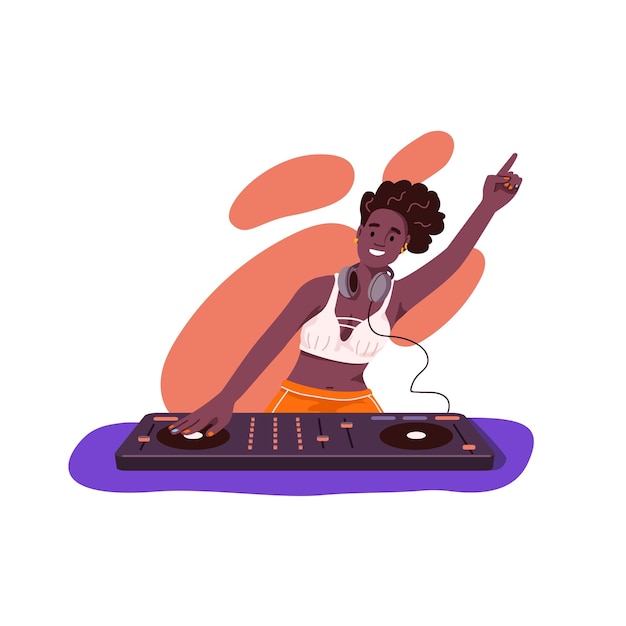 Happy blackskinned DJ woman playing recorded music with electronic audio controller Person mixing sounds at console mixer Energetic female at turntable Flat vector illustration isolated on white