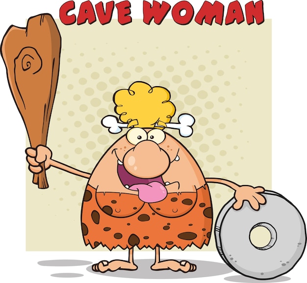 Happy Blonde Cave Woman Cartoon Mascot Character Holding A Club And Showing Wheel