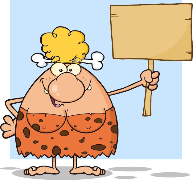 Happy Blonde Cave Woman Cartoon Mascot Character Holding A Wooden Board