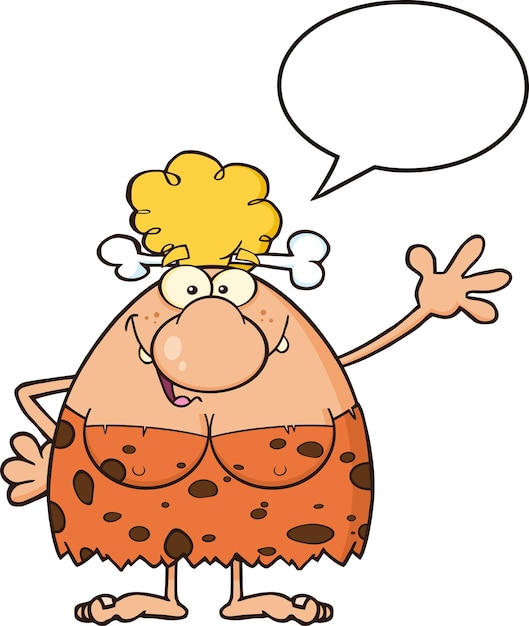 Happy Blonde Cave Woman Cartoon Mascot Character Talking And Waving  For Greeting