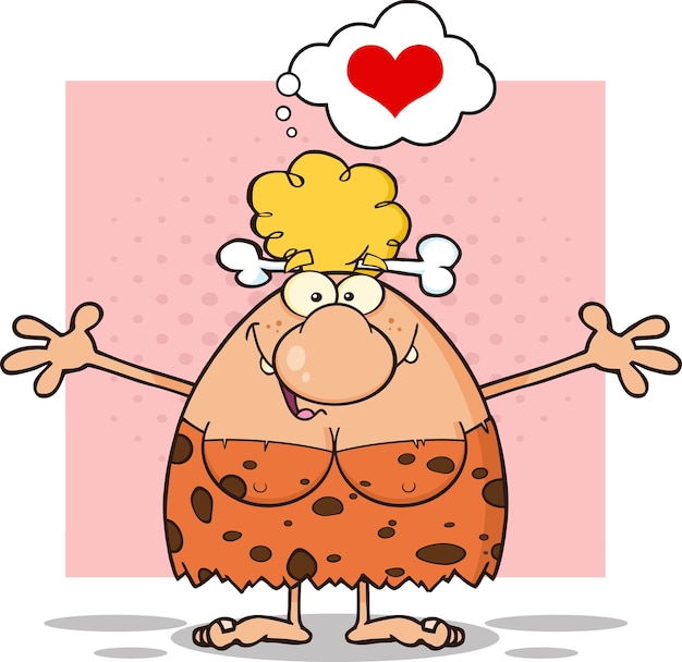 Vector happy blonde cave woman cartoon mascot character with open arms and a heart in speech bubble