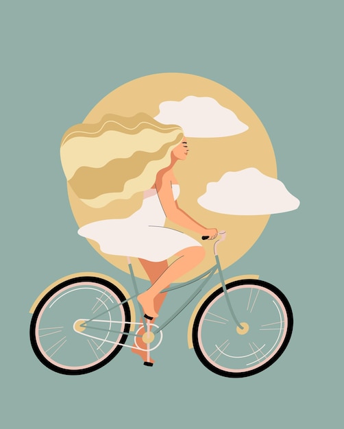 happy blonde woman in white dress rides on a bicycle