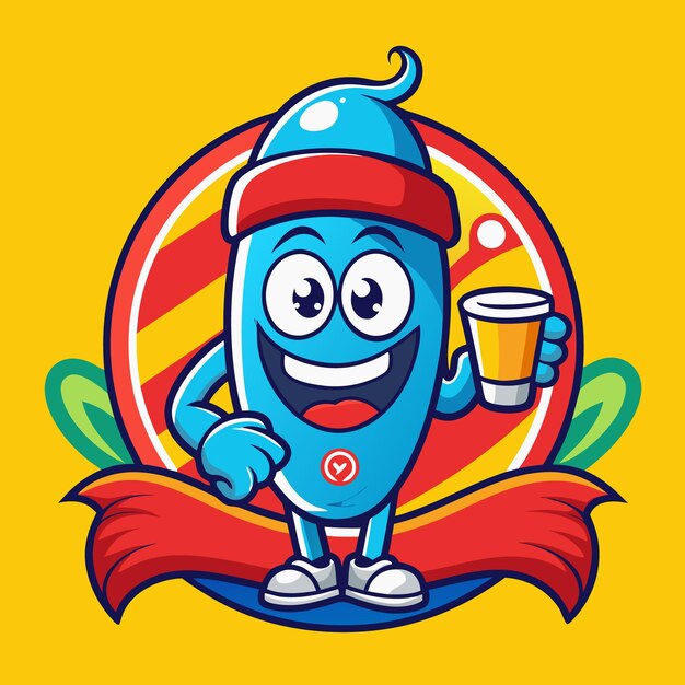 Happy Blue Cartoon Character Holding Drink