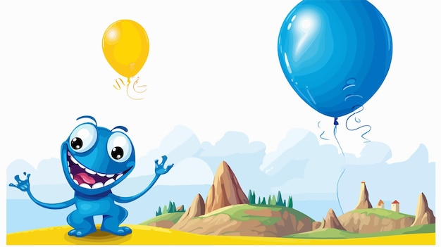 Vector happy blue monster on hilltop illustration