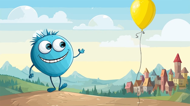 Vector happy blue monster on hilltop illustration