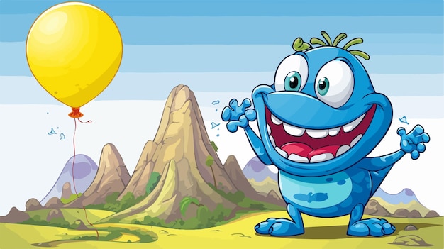 Vector happy blue monster on hilltop illustration