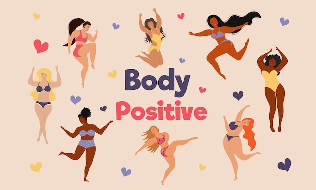 Happy body positive different sizes and races women