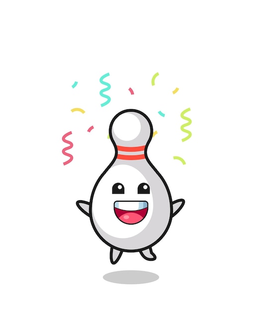 Happy bowling pin mascot jumping for congratulation with colour confetti