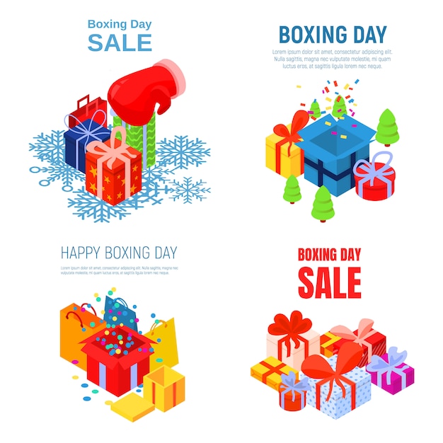 Happy boxing day banner set. Isometric set of happy boxing day vector banner for web design