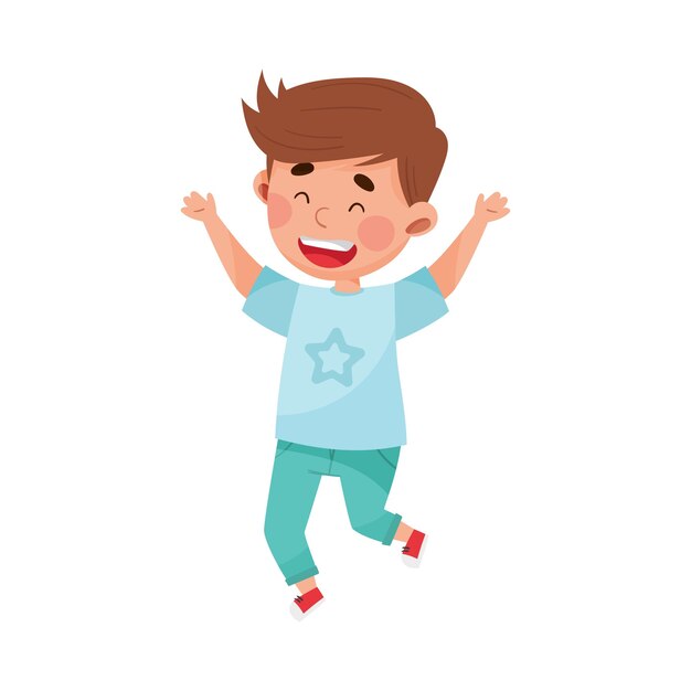 Vector happy boy character jumping high with joy and excitement vector illustration