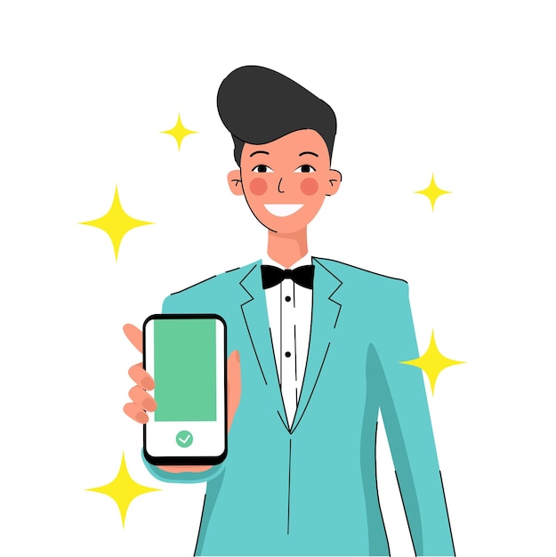 Happy boy character shows smartphone.  Flat illustration