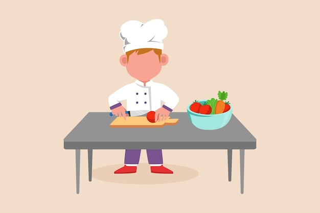 Happy boy chef slicing tomatoes in professional kitchen on the table Cooking concept Vector illustration