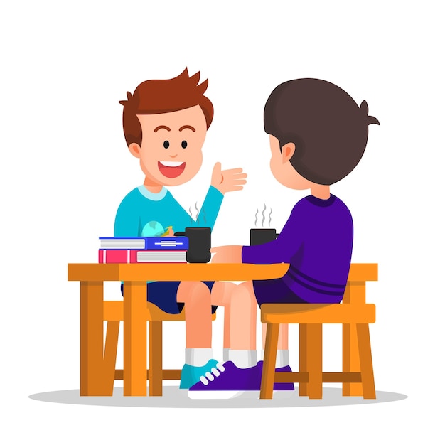 happy boy discussing with his friend while sitting and holding a mug