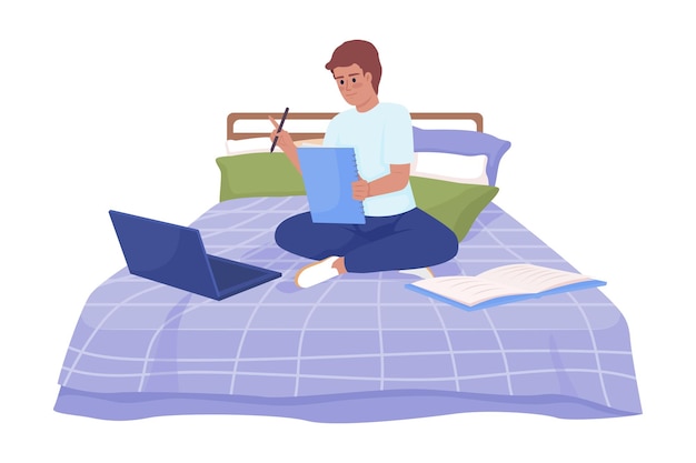 Happy boy doing assignment comfortably in bed semi flat color vector character