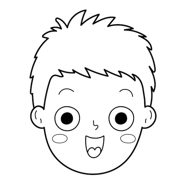 Happy boy face emotion in outline Excited little kid clipart in black and white for coloring